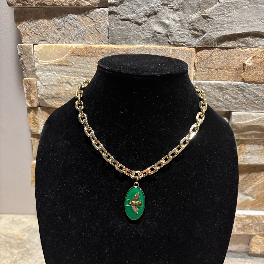 Gold Chunky Chain Necklace with Green Bee Pendant